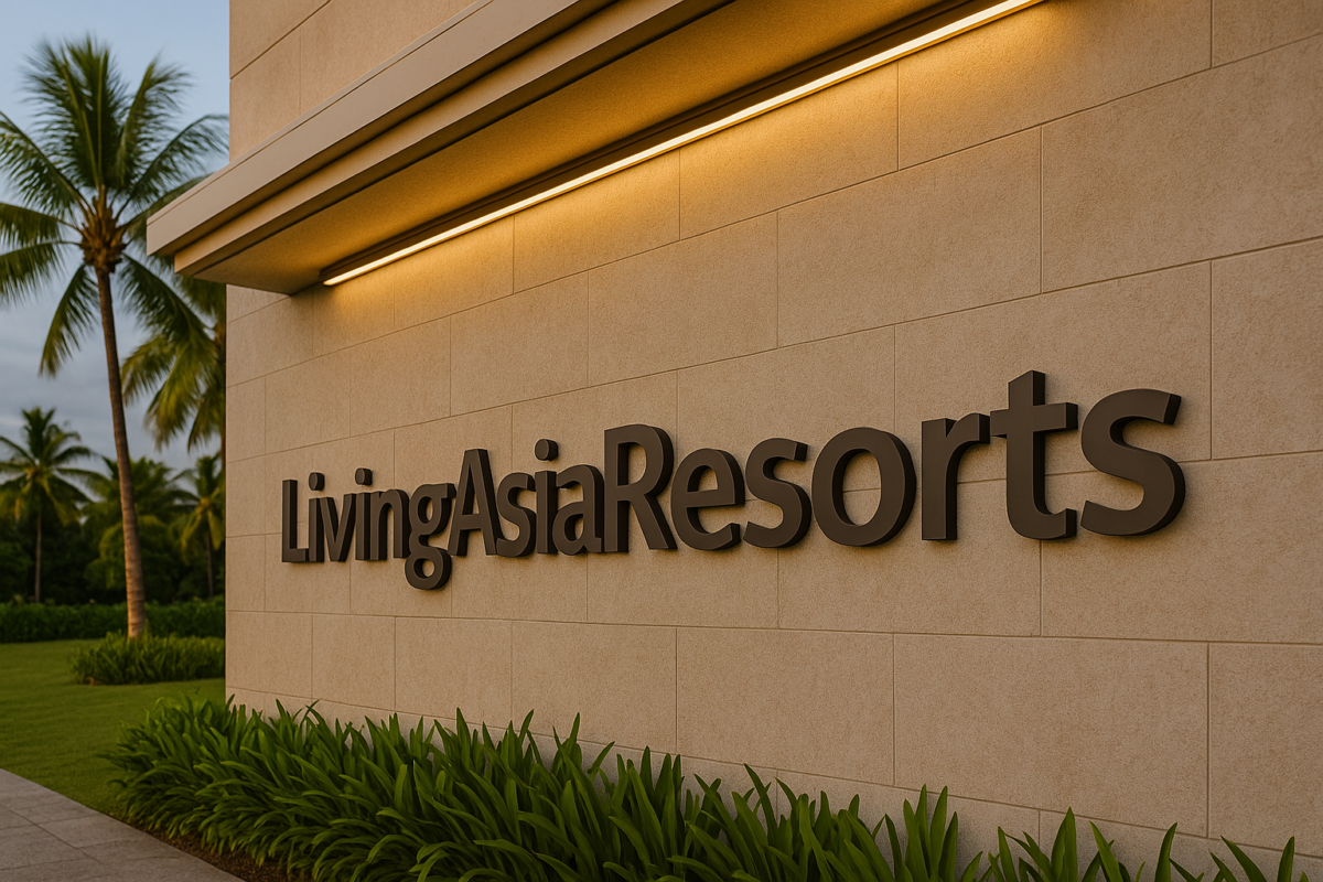 LivingAsiaResorts logo on resort wall