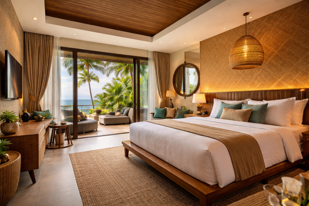 Luxury hotel room in Lombok with modern tropical design